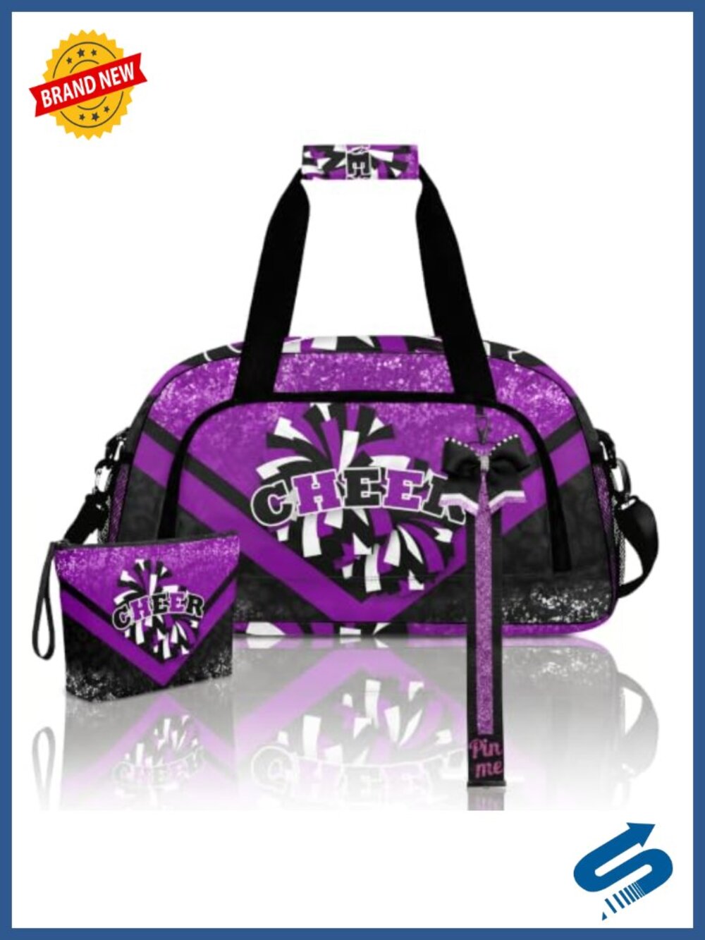 Cheer Duffel Bag Set with Makeup Bag and Bow Keychain, Waterproof Sports Travel